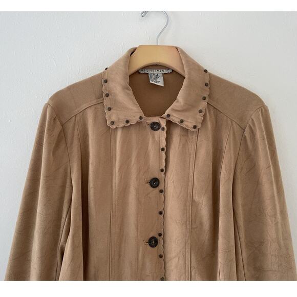 Vtg Y2K Tan Micro Suede Studded Collared Cropped Jacket Sz M Minimal Western - Picture 3 of 9